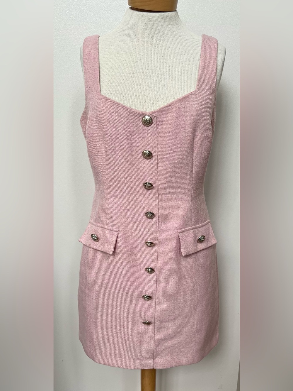 Bardot Emilie Boucle Mini Dress Pink Gold Button Tweed Sleeveless Shift L - Picture 2 of 7